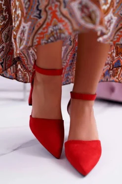 Hot Czółenka Damskie Na Słupku W Szpic Czerwone Elegante Damskie Czółenka Zamszowe|Czółenka Na Słupku