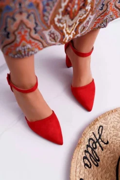 Hot Czółenka Damskie Na Słupku W Szpic Czerwone Elegante Damskie Czółenka Zamszowe|Czółenka Na Słupku