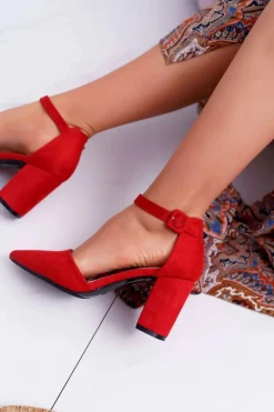 Hot Czółenka Damskie Na Słupku W Szpic Czerwone Elegante Damskie Czółenka Zamszowe|Czółenka Na Słupku