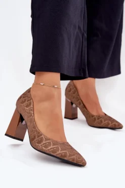 Outlet Czółenka Damskie Na Słupku Z Ozdobnym Tłoczeniem Vinceza 62254 Brązowe Damskie Czółenka Na Słupku|Czółenka Klasyczne