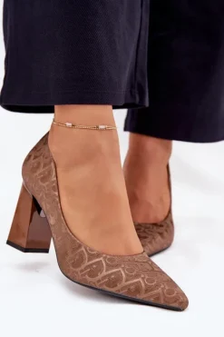 Outlet Czółenka Damskie Na Słupku Z Ozdobnym Tłoczeniem Vinceza 62254 Brązowe Damskie Czółenka Na Słupku|Czółenka Klasyczne