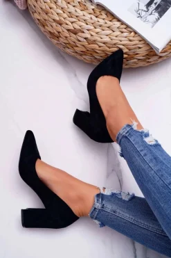 Hot Czółenka Damskie Na Słupku Zamszowe Czarne Femmini Damskie Czółenka Zamszowe|Czółenka Na Słupku