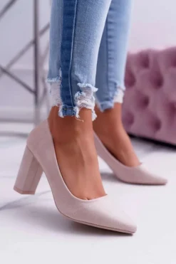 Clearance Boto Czółenka Damskie Na Słupku Zamszowe Beżowe Raspberry