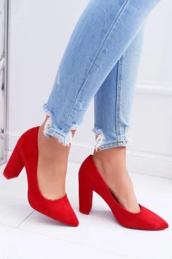 Clearance Boto Czółenka Damskie Na Słupku Zamszowe Czerwone Strawberry