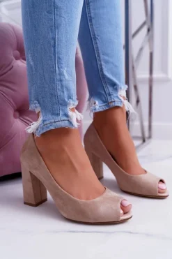 Sale Czółenka Damskie Sergio Leone Odkryte Palce PB133 Beżowe Fani Damskie Czółenka Zamszowe|Czółenka Na Słupku