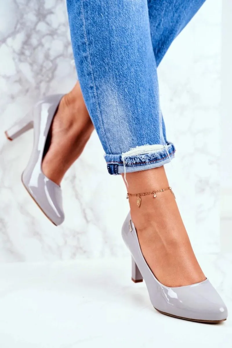 Czółenka Na Słupku|Czółenka Klasyczne>Buty Sergio Leone Czółenka damskie Sergio Leone Szare Lakierowane Orsola