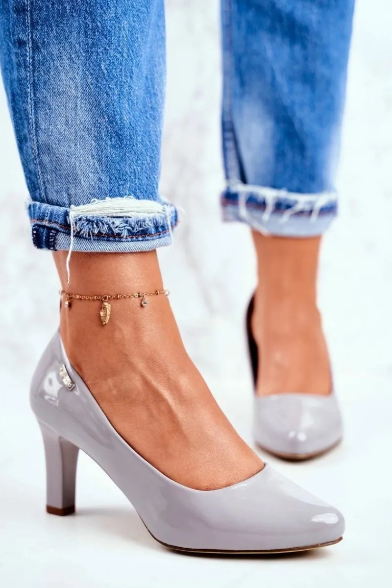 Czółenka Na Słupku|Czółenka Klasyczne>Buty Sergio Leone Czółenka damskie Sergio Leone Szare Lakierowane Orsola