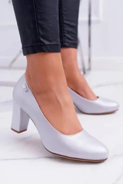 Czółenka Damskie Sergio Leone PB130 Srebrna Perła Amber Damskie Czółenka Na Słupku|Czółenka Klasyczne