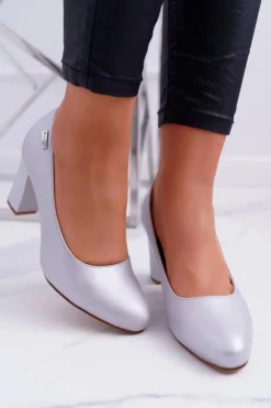 Czółenka Damskie Sergio Leone PB130 Srebrna Perła Amber Damskie Czółenka Na Słupku|Czółenka Klasyczne