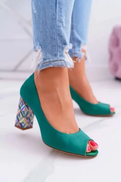 Discount Czółenka Damskie Sergio Leone Odkryte Palce PB133 Zielone Fani Damskie Czółenka Zamszowe|Czółenka Na Słupku