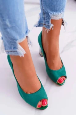 Discount Czółenka Damskie Sergio Leone Odkryte Palce PB133 Zielone Fani Damskie Czółenka Zamszowe|Czółenka Na Słupku