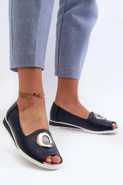 Czółenka Na Platformie|Czółenka Klasyczne>Boto Czółenka Damskie Z Ozdobą Eko Skórzane Granatowe Biolita Niebieski