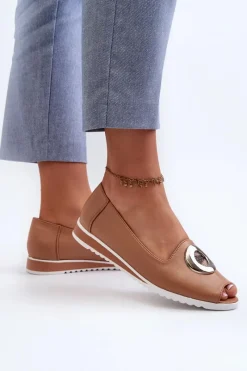 Outlet Czółenka Damskie Z Ozdobą Eko Skórzane Ciemnobeżowe Biolita Damskie Czółenka Na Platformie|Czółenka Klasyczne