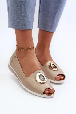 Outlet Boto Czółenka Damskie Z Ozdobą Eko Skórzane Złote Biolita Złoty