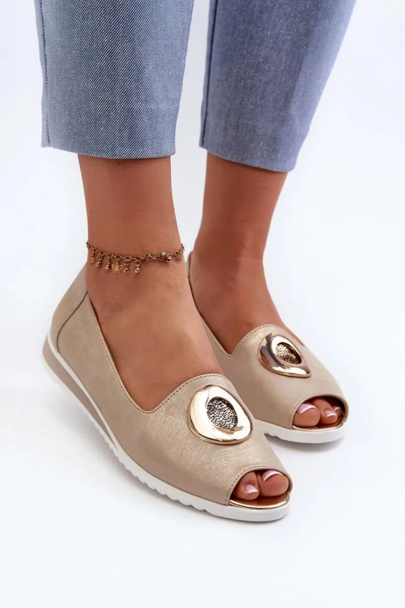 Outlet Boto Czółenka Damskie Z Ozdobą Eko Skórzane Złote Biolita Złoty