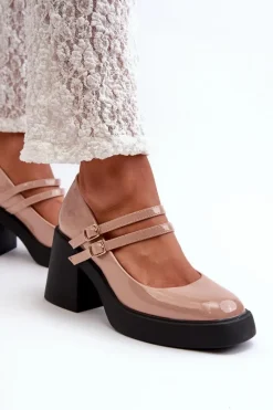 Clearance Boto Czółenka Na Masywnym Obcasie Lakierowane Ciemnobeżowe Halmina