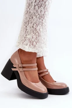 Clearance Boto Czółenka Na Masywnym Obcasie Lakierowane Ciemnobeżowe Halmina