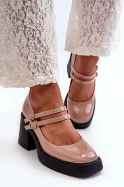 Clearance Boto Czółenka Na Masywnym Obcasie Lakierowane Ciemnobeżowe Halmina