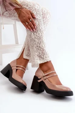 Clearance Boto Czółenka Na Masywnym Obcasie Lakierowane Ciemnobeżowe Halmina