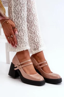 Clearance Boto Czółenka Na Masywnym Obcasie Lakierowane Ciemnobeżowe Halmina