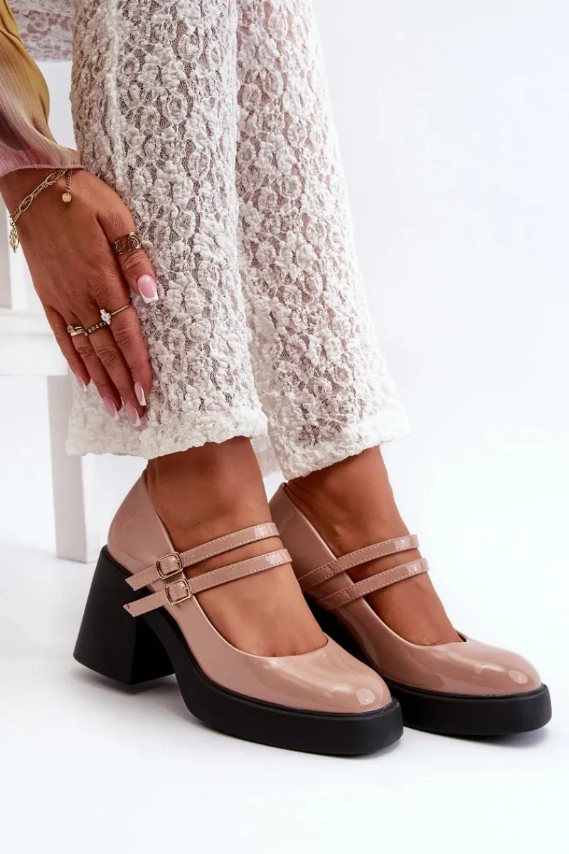 Clearance Boto Czółenka Na Masywnym Obcasie Lakierowane Ciemnobeżowe Halmina