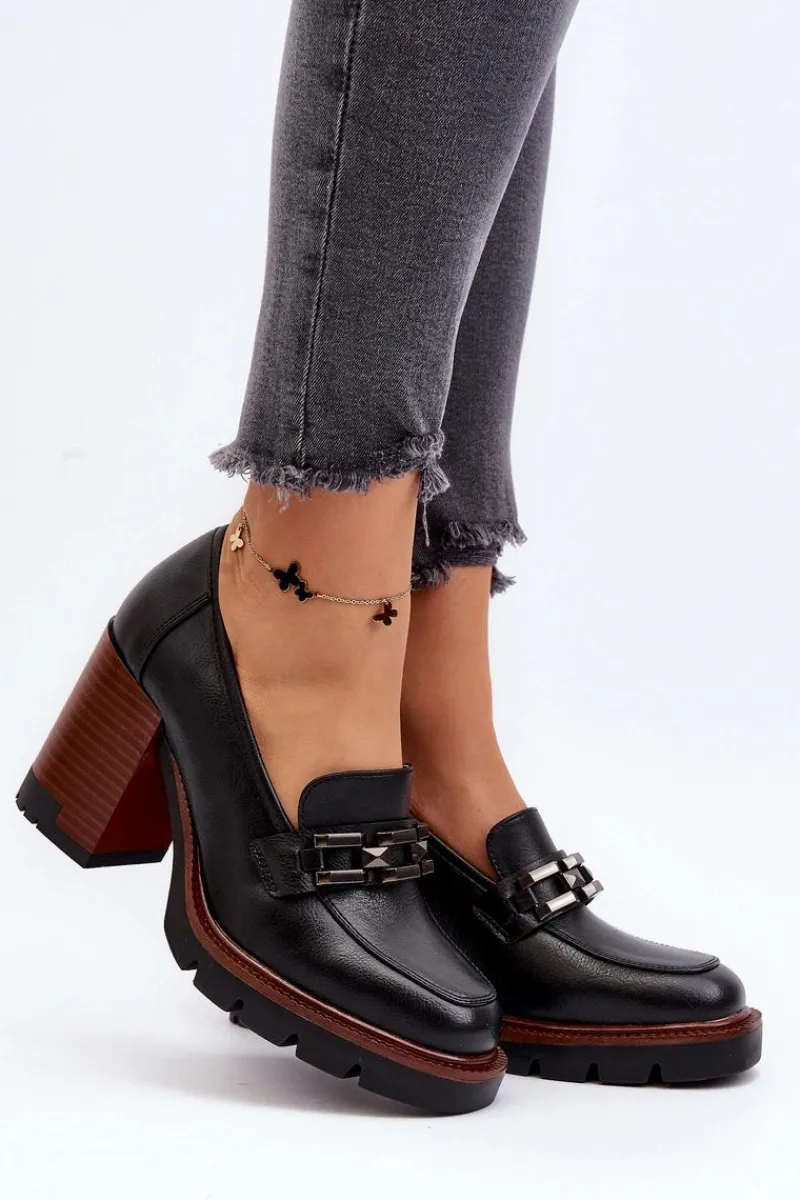 Buty damskie Vinceza Czółenka Na Masywnym Słupku Z Ozdobą Czarne Oradna