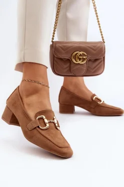 Best Boto Czółenka Na Niskim Obcasie Klocku Z Ozdobą Camel Dolvira