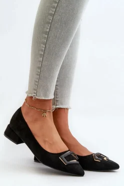 Discount Czółenka Na Niskim Obcasie Z Ozdobą Eko Zamszowe S.Barski KV27-034 Czarne Damskie Czółenka Klasyczne