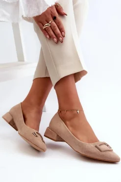 Discount Damskie buty S.Barski Czółenka Na Niskim Obcasie Z Ozdobą Eko Zamszowe S.Barski KV27-034 Beżowe Beżowy