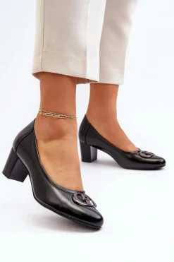 Sale Czółenka Na Niskim Słupku Z Ozdobą Czarne Aeliris Damskie Czółenka Na Słupku|Czółenka Klasyczne