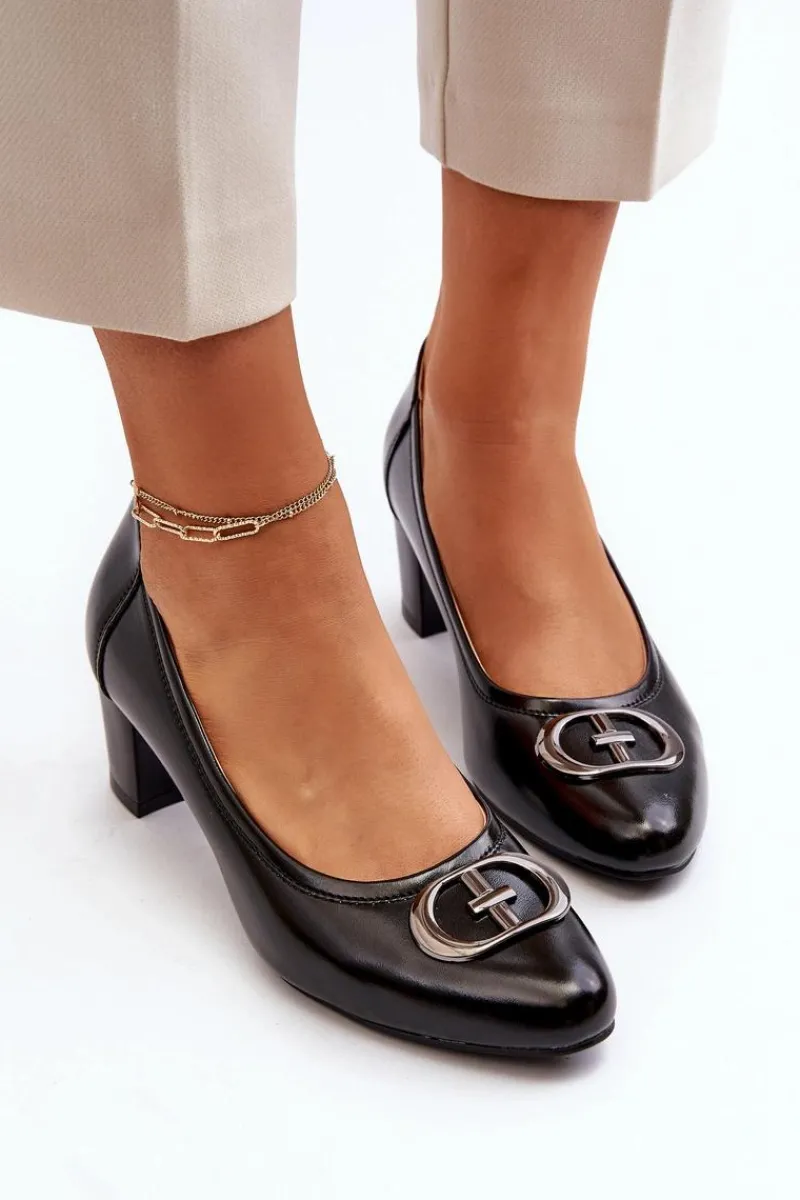 Sale Czółenka Na Niskim Słupku Z Ozdobą Czarne Aeliris Damskie Czółenka Na Słupku|Czółenka Klasyczne