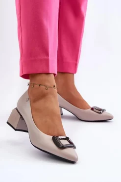 Czółenka Na Słupku|Czółenka Klasyczne>Buty damskie Vinceza Czółenka Na Obcasie Klocku Z Ozdobą Eko Skórzane Szare Sarala