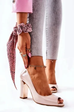 Czółenka Na Słupku 0780-015 Beżowe Damskie Czółenka Na Słupku