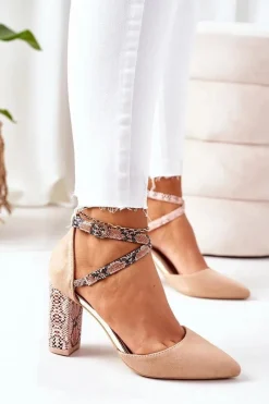 Czółenka Zamszowe|Czółenka Na Słupku>Damskie buty S.Barski Czółenka Na Słupku S.Barski Wężowe Beżowe