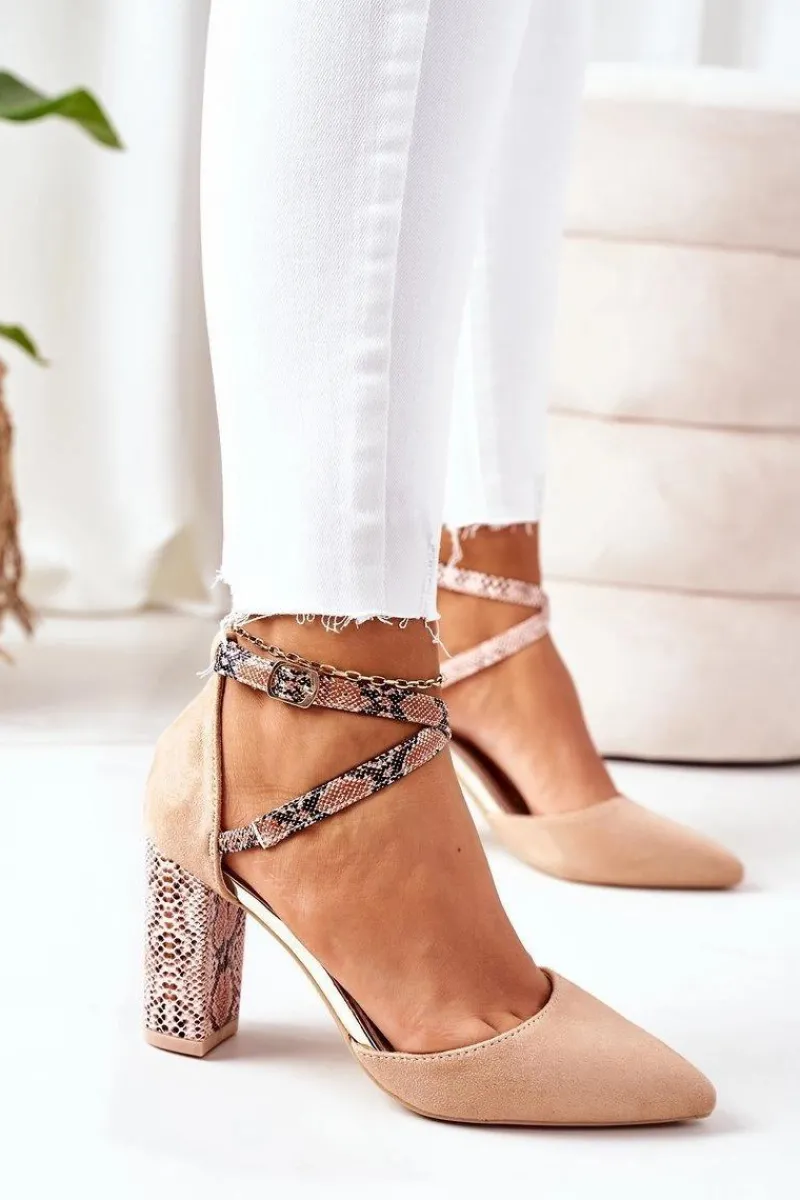 Czółenka Zamszowe|Czółenka Na Słupku>Damskie buty S.Barski Czółenka Na Słupku S.Barski Wężowe Beżowe