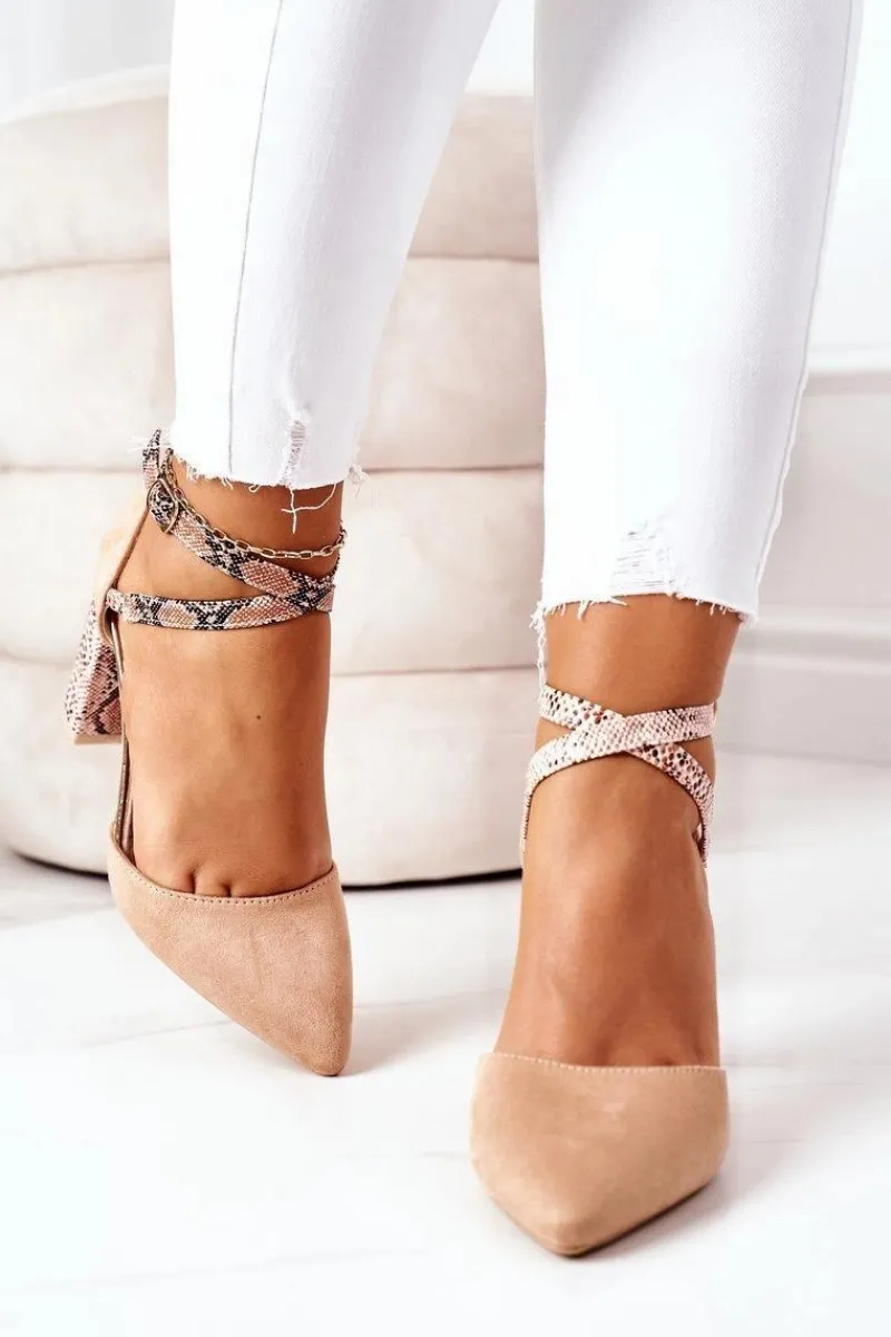 Czółenka Zamszowe|Czółenka Na Słupku>Damskie buty S.Barski Czółenka Na Słupku S.Barski Wężowe Beżowe