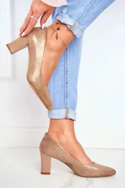 Czółenka Na Słupku Sergio Leone PB403 Połyskujące Beżowe Damskie Czółenka Na Słupku