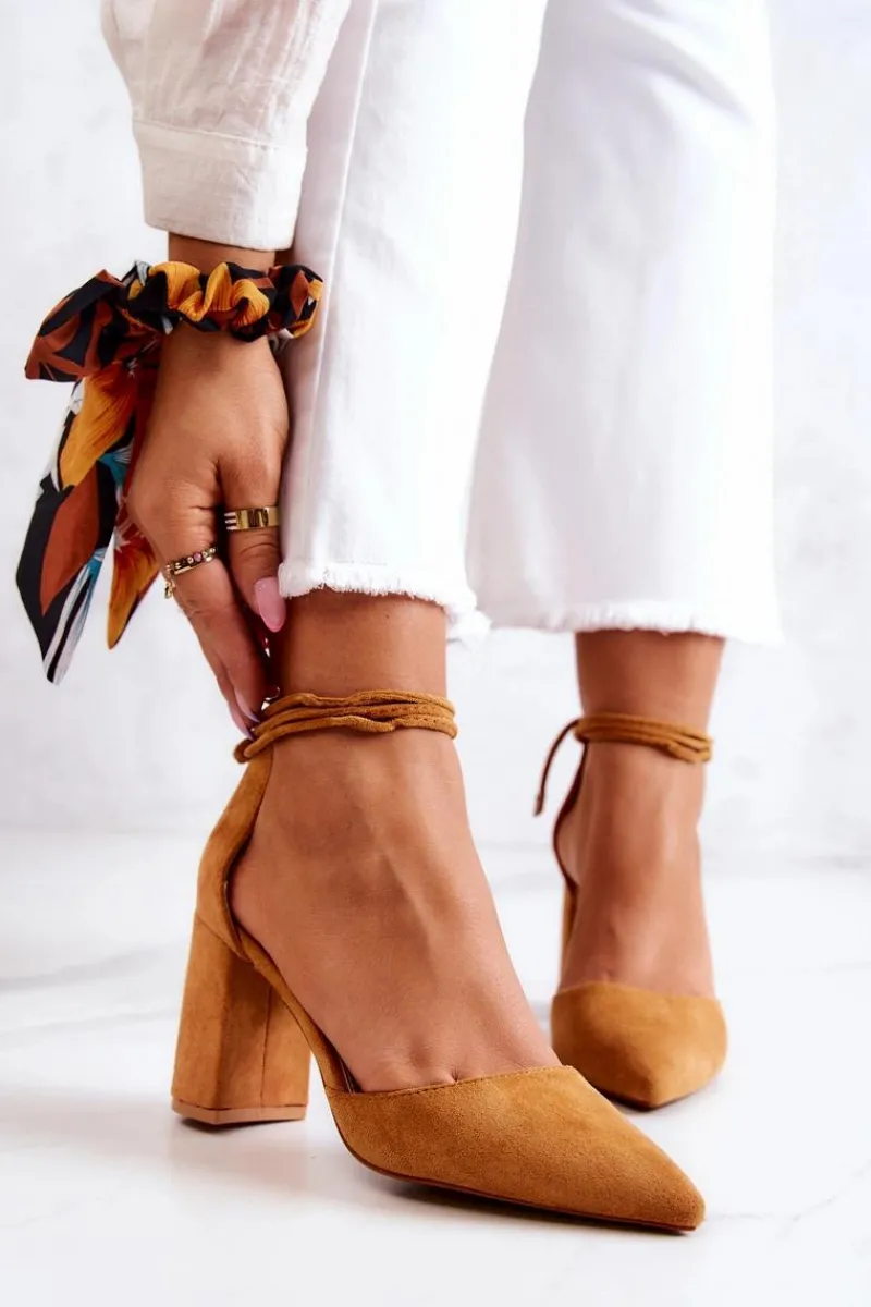 Sale Czółenka Na Słupku Wiązane Camel Lettice Damskie Czółenka Zamszowe|Czółenka Na Słupku