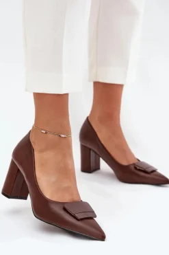 Outlet Czółenka Na Słupku Z Ozdobą Brązowe Celira Damskie Czółenka Na Słupku|Czółenka Klasyczne