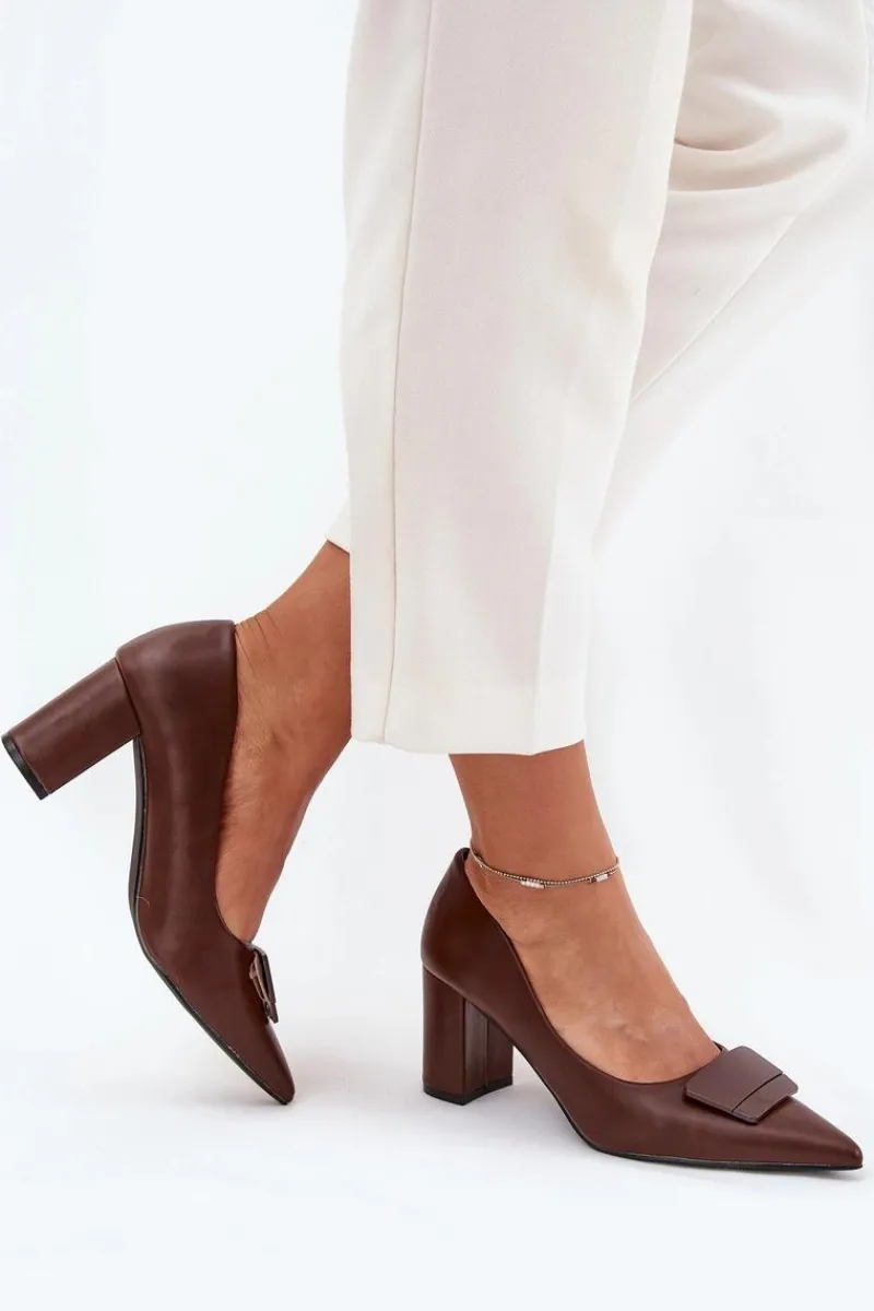 Outlet Czółenka Na Słupku Z Ozdobą Brązowe Celira Damskie Czółenka Na Słupku|Czółenka Klasyczne