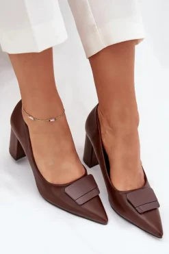 Outlet Czółenka Na Słupku Z Ozdobą Brązowe Celira Damskie Czółenka Na Słupku|Czółenka Klasyczne