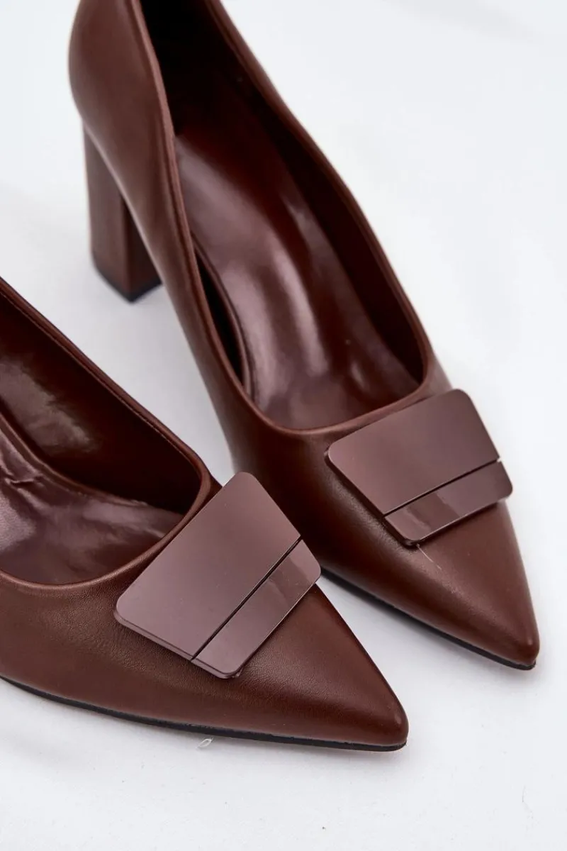 Outlet Czółenka Na Słupku Z Ozdobą Brązowe Celira Damskie Czółenka Na Słupku|Czółenka Klasyczne