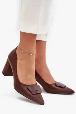 Outlet Czółenka Na Słupku Z Ozdobą Brązowe Celira Damskie Czółenka Na Słupku|Czółenka Klasyczne