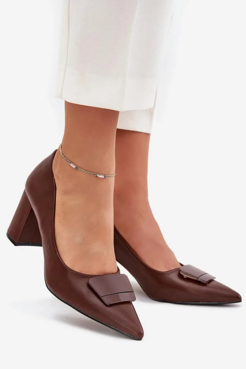 Outlet Czółenka Na Słupku Z Ozdobą Brązowe Celira Damskie Czółenka Na Słupku|Czółenka Klasyczne