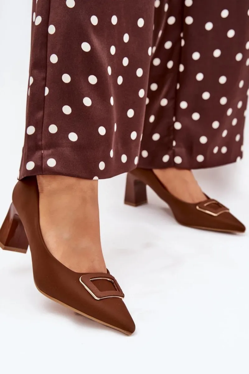 Czółenka Na Słupku Z Ozdobną Klamrą Brązowe Seriva Damskie Czółenka Na Słupku|Czółenka Klasyczne