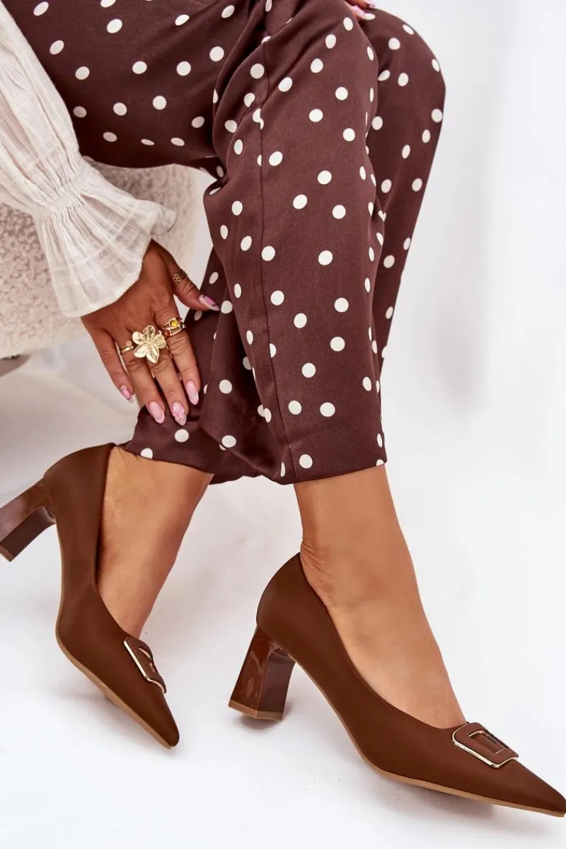 Czółenka Na Słupku Z Ozdobną Klamrą Brązowe Seriva Damskie Czółenka Na Słupku|Czółenka Klasyczne