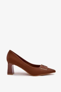 Czółenka Na Słupku Z Ozdobną Klamrą Brązowe Seriva Damskie Czółenka Na Słupku|Czółenka Klasyczne