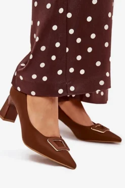 Czółenka Na Słupku Z Ozdobną Klamrą Brązowe Seriva Damskie Czółenka Na Słupku|Czółenka Klasyczne