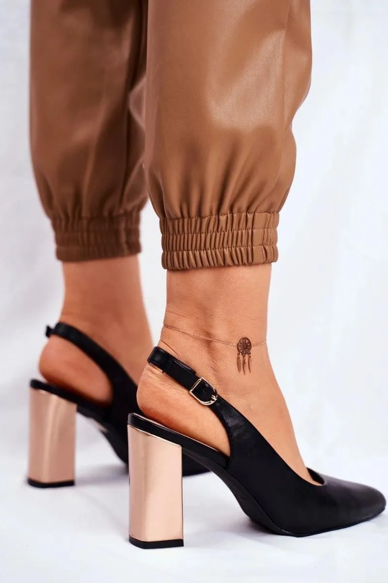 Hot Czółenka Na Złotym Słupku Sergio Leone PB218 Czarne Damskie Czółenka Na Słupku