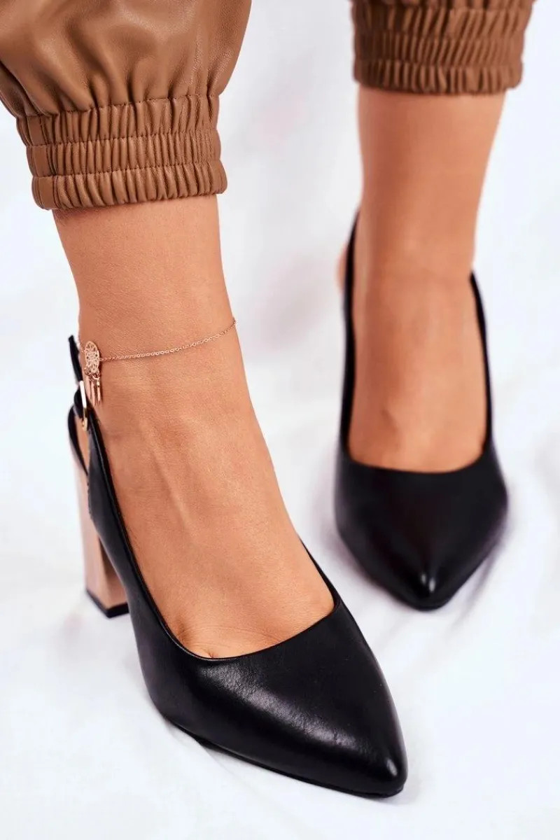 Hot Czółenka Na Złotym Słupku Sergio Leone PB218 Czarne Damskie Czółenka Na Słupku